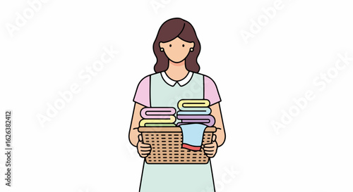 Woman with laundry basket carrying freshly folded clothing. Laundry basket held by woman ready to be put away. Home laundry task made easy with organized textiles.