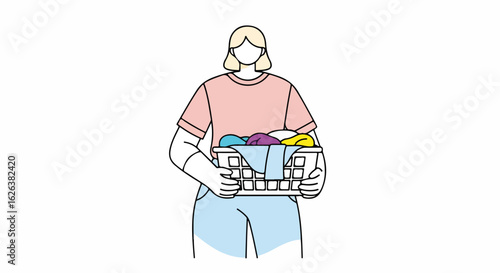 Laundry day scene showcasing a woman holding laundry basket filled with colorful clothes, Laundry day chore. Laundry day shows woman preparing clean clothes and household chores.