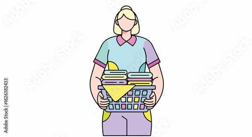 Laundry service with woman holding laundry basket full of clean clothes in light, pastel colors. Laundry service includes freshly washed and neatly folded fabrics.