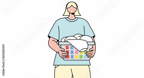 Blonde woman carries laundry basket filled with clean clothes, demonstrating laundry day. Laundry basket holds fresh textiles, reflecting chore completion, while blonde woman epitomizes domesticity,