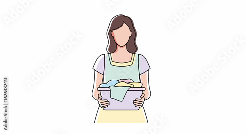 Woman holding laundry basket with clean clothes. Home cleaning routine includes washing and drying clothes towels and sheets. Simple household chores concept for home organization illustration.