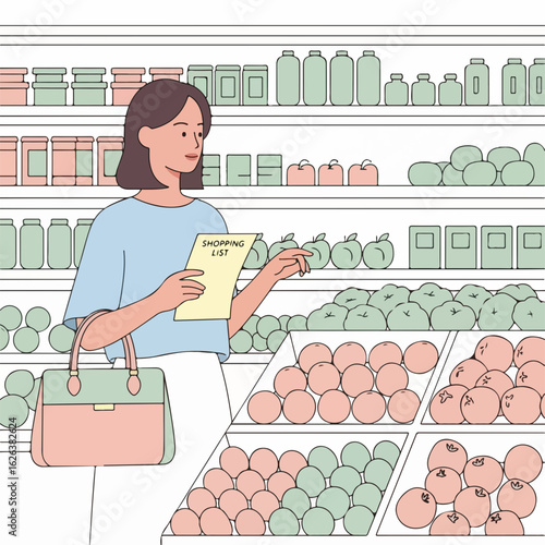 Shopping list in supermarket, woman reviews items for grocery needs on supermarket shelves. Concept of shopping list with fresh produce, canned goods for home cooking.