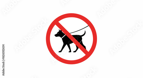Dogs prohibited sign. No dogs allowed symbol with simple black silhouette of dog on leash inside red circle. Prohibited sign for parks, shops, and public places.