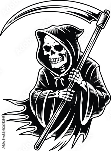 Grim Reaper with scythe and hooded skull death skeleton