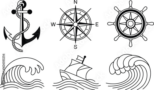 Nautical icons anchor compass ship wheel waves and boat