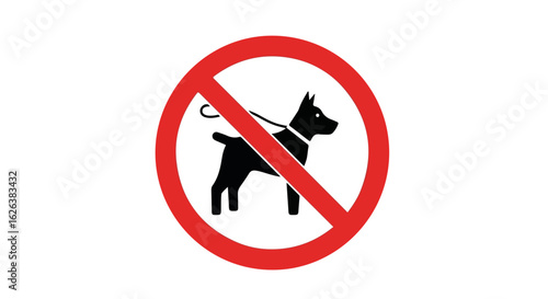 No dogs allowed sign, simple red circle with black dog silhouette and leash.  Prohibition symbol for public spaces, parks, and private properties.  No dogs allowed symbol for clear communication.