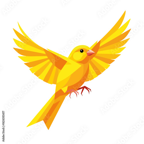 Cheerful flying canary on white background, bright yellow bird with wings spread wide. Canary in flight creates feeling of freedom and joy.