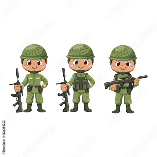 Set of cartoon soldier characters for an animal brigade vector logo