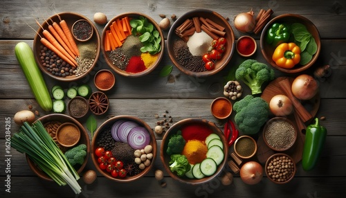 Flat lay of various healthy meals and vegetables served in bowls on a rustic wooden table, representing nutritious eating and lifestyle.