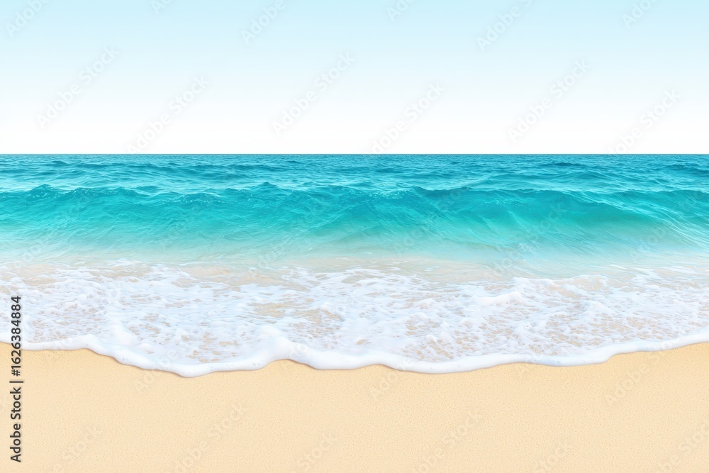 Serene Tropical Beach Landscape with Gentle Waves Lapping on Soft Sand Under Clear Blue Sky for Relaxation and Escapism Serene Tropical Beach Landscape with Gentle Waves Lapping on Soft Sand Under Clear Blue Sky for Relaxation and Escapism