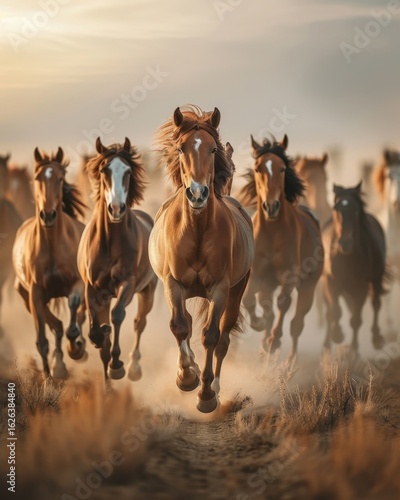 Majestic Horses Galloping Through Dusty Landscape at Sunset