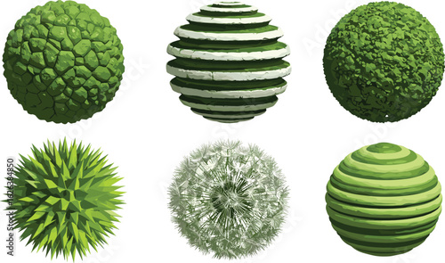 Realistic green topiary spheres, foliage bush textures, botanical garden globes, 3D plant designs, landscaping nature elements, decorative assets