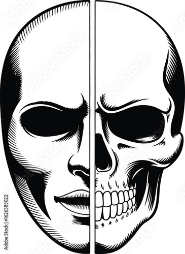 Split face skull and human face duality death