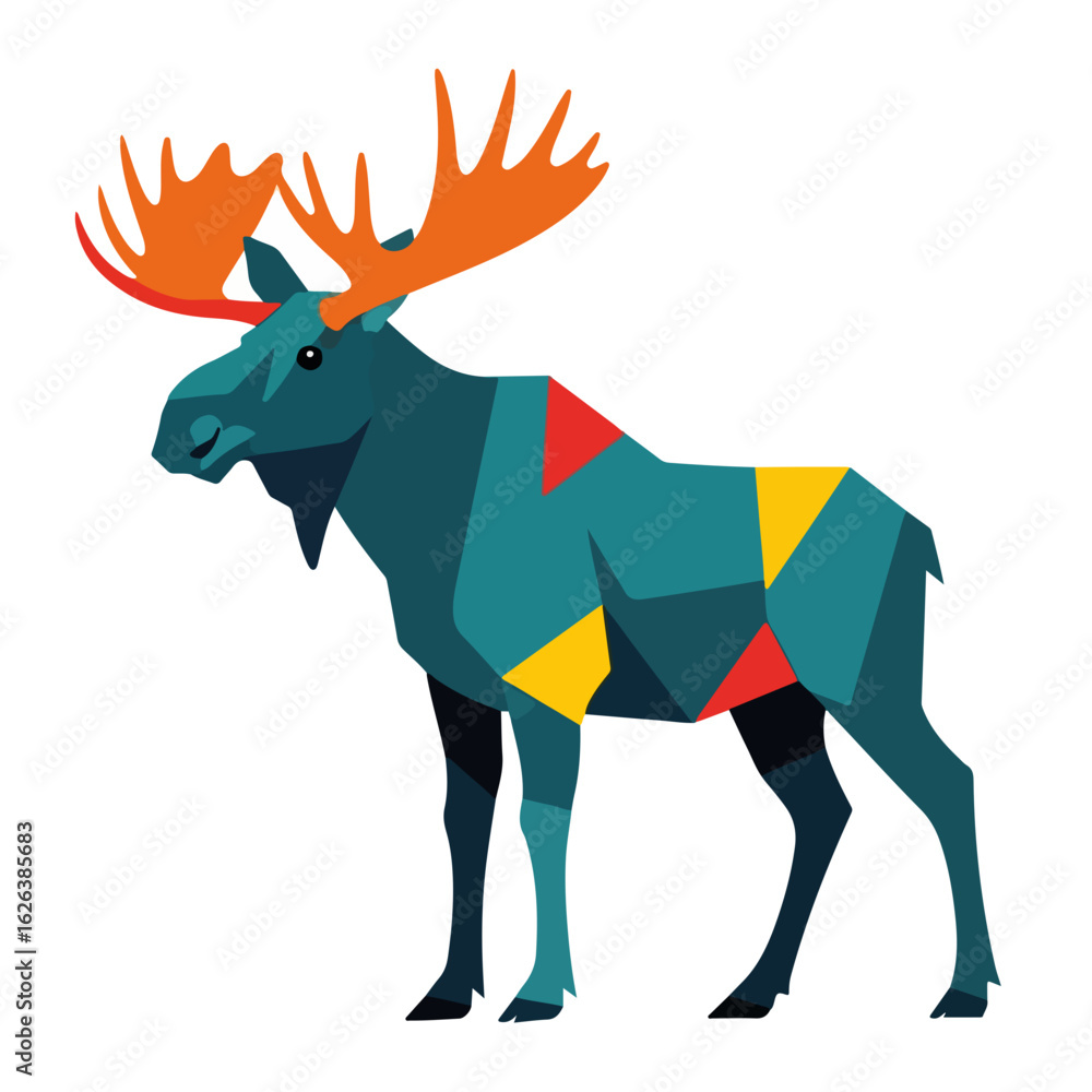 Obraz premium Colorful moose illustration. Geometric moose design with large antlers. Artistic moose image perfect for nature posters and wildlife brochures.