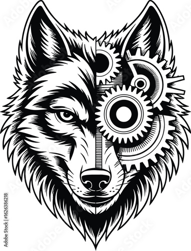 Wolf Head with Gears Illustration mechanical steampunk