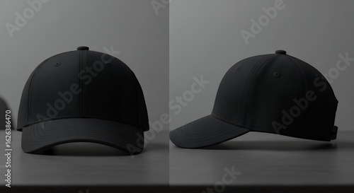Blank black baseball cap front and side view mockup template for design presentation