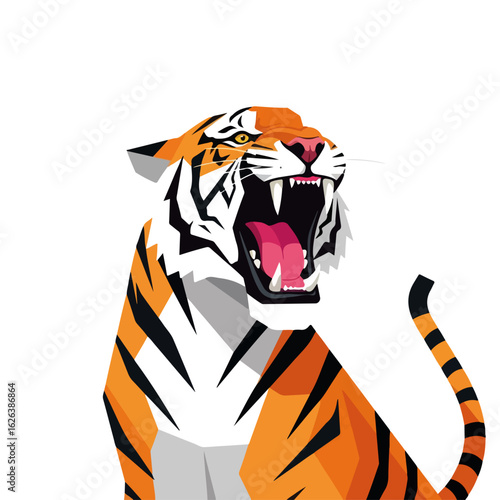 Roaring tiger with open mouth showing its dangerous teeth and sharp claws. Captivating roaring tiger ready to attack its prey in wild nature.