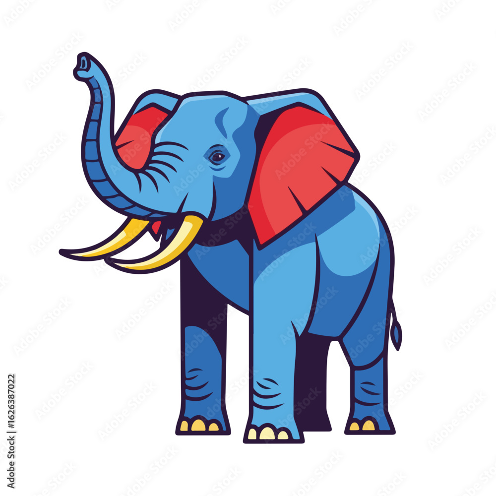 Naklejka premium Cartoon elephant illustration with blue skin and red ears on white background, cartoon elephant standing strong. Cartoon elephant is a great mascot for zoo animals.
