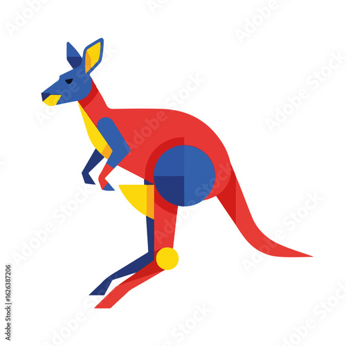 Red kangaroo Macropus rufus illustration. Geometric kangaroo design perfect for Australian themed projects.  This stylized red kangaroo image is ideal for posters, apparel prints,