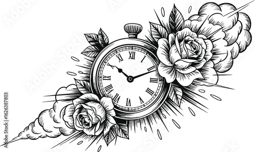 Pocket Watch With Roses And Clouds Tattoo Design clock