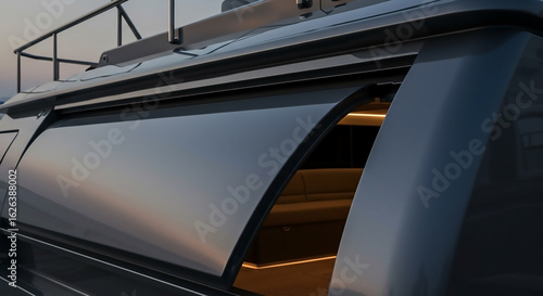 Sleek polished tender garage door on a luxury superyacht, reflecting the warm glow of the evening sky at sunset.