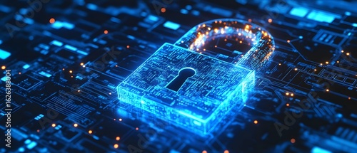A digital representation of a secure lock over a grid of interconnected data, symbolizing cybersecurity and data protection in the modern digital landscape.