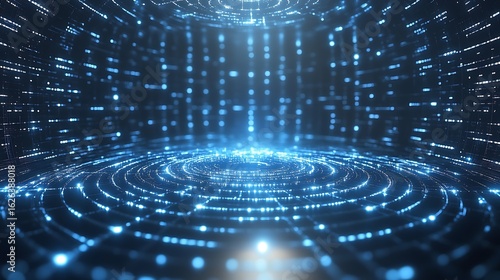 Digital light display with concentric circles and grid patterns.