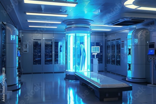 A futuristic lab setting with a cryo tube and data servers. The room is lit with bright, neon blue light and has a glossy floor.
