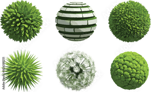Topiary foliage spheres, green plant globes, realistic 3D bush textures, landscaping nature balls, botanical decorative elements, garden design assets