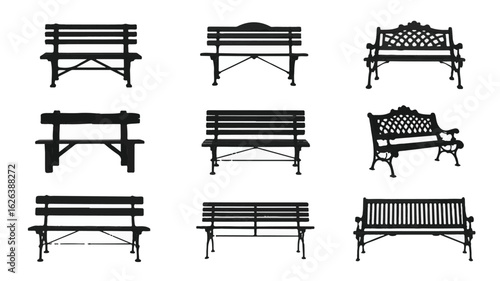 Collection of nine black park benches with varied ornate and simple designs silhouettes outdoor furniture