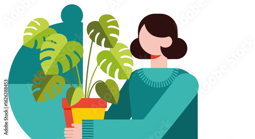 Woman holding houseplant in an indoor setting, cultivating a calm atmosphere. Houseplant is a potted monstera deliciosa with patterned leaves, perfect for green decor.