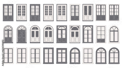 Diverse architectural doors and windows in shades of gray and white entryways openings