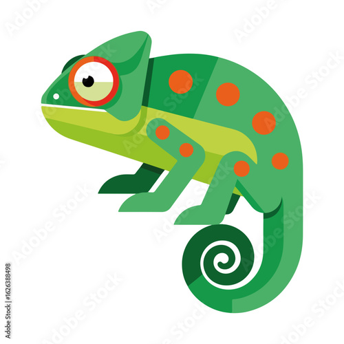 Green chameleon graphic with orange spots, a cheerful lizard in bright colors. Chameleon displays natural camouflage adapting to different environments.