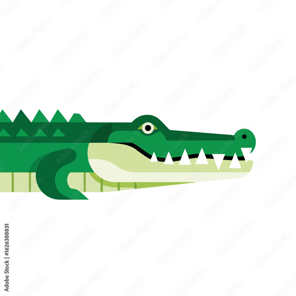 Naklejka premium Green alligator illustration showing side view on white background, great for wildlife projects. Alligator illustration includes geometric style and modern rendering, creating a unique visual.