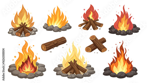 Set of Cartoon Style Different Campfire and Wood Pile Burning Flame Illustrations isolated on a white background, cutout, PNG.