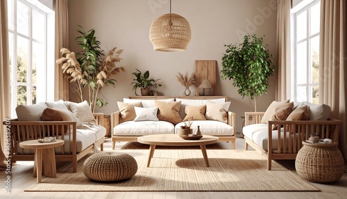 Wallpaper Mural Serene Living Room with Natural Light, Woven Lamp, and Earthy Tones Torontodigital.ca