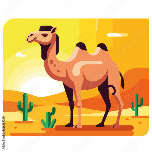Elegant animal artwork showing dromedary camel standing under sun in desert landscape. Dromedary camel basks in light, with cacti adding desert feel, conveying wildlife illustration.