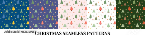 A set of five seamless Christmas vector patterns featuring stylized trees, gifts, and stars in bright and festive color palettes. Ideal for fabric and wrapping paper.