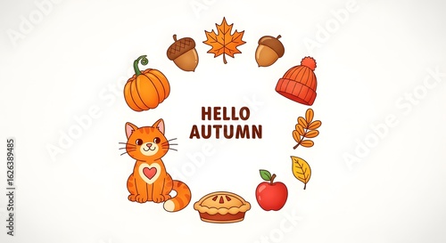 Cheerful Autumn Illustration with Cat, Pumpkin, and Harvest Elements