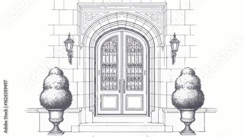 Ornate arched doorway with decorative urns and lanterns architectural drawing gothic arch