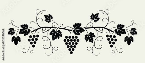 Black silhouette of birds and grapevines flying grapes
