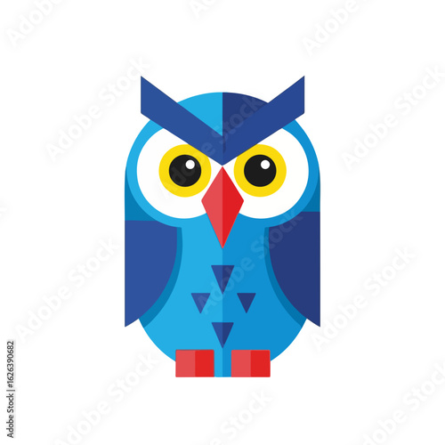 Striking owl illustration on clean background, a stylized depiction with bold colors. Owl illustration includes geometric shapes and vivid hues, bringing bird to life.
