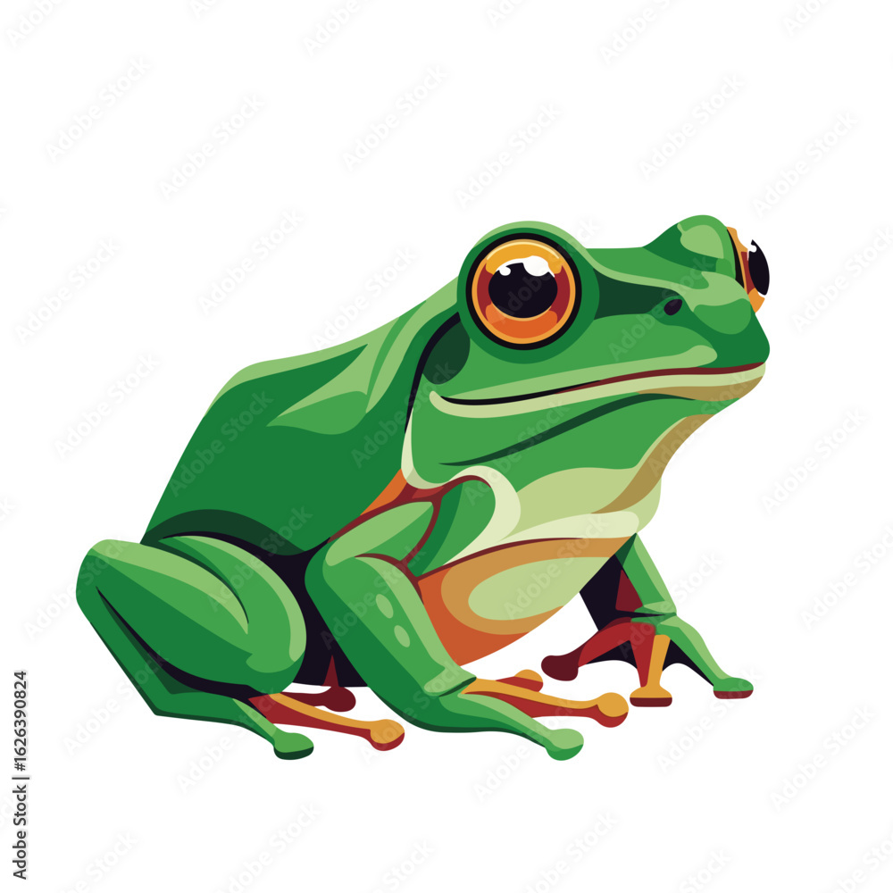 Obraz premium Green tree frog illustration of wildlife animal standing on white background. Green tree frog illustration, amphibian with bulging eyes, and vibrant skin tones against bright background.