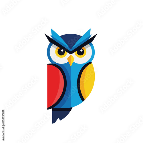 Artistic illustration of animal with colorful plumage, showing an owl in vibrant geometric style. Graphic image presents a striking illustration, offering an elegant structure.