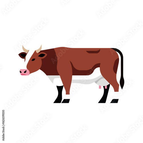 Brown cow illustration, a simple depiction of farm animal for educational use. Brown cow is rendered in a flat, geometric style, representing cattle, livestock and dairy farming.