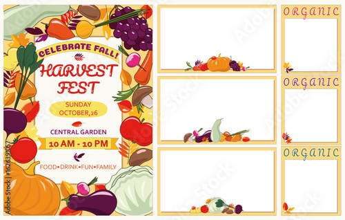 Harvest Fest Set Poster Big and Small Price Tags with bright Vegetables, Fruits and fall Leaves