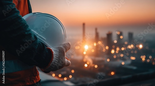 Construction Worker Holding Hard Hat At Sunrise Industrial Site