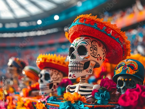 Vibrant skull decorations in celebration of a traditional festival with vivid colors.
