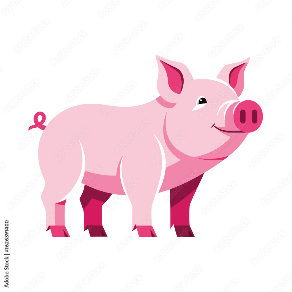 Fototapeta premium Adorable pink pig on white background. This pink pig with curly tail and cheerful smile makes a cute image. Use this pink pig illustration for children's books, farm animal themes, or playful designs.