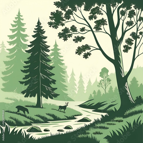 Winter holiday landscape vector illustration with snow-covered fir and pine trees
